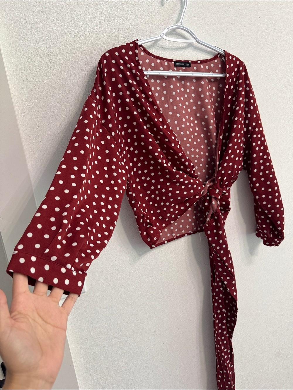 Cotton On Burgundy White Polka Dot Wrap Blouse size medium - Picture 2 of 4